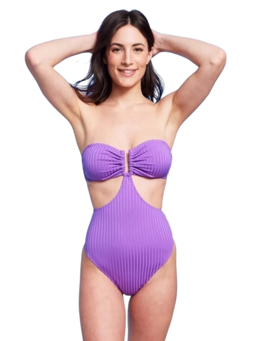 🌻NEW Shade & Shore Purple Ribbed Bandeau Cut Out One Piece Swimsuit Monokini M